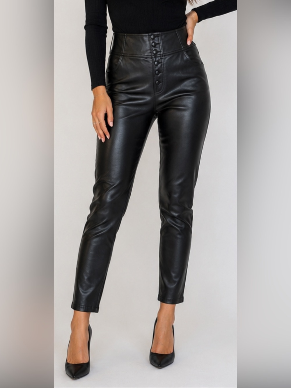 Bar III Faux Leather Pants Women 12 Black High Rise Button Front Ankle Skinny